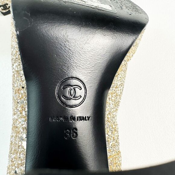 CHANEL 2023 Light Gold Glitter Black Mary Jane Heels 36 Cap Toe CC Logo Platform - Picture 15 of 16